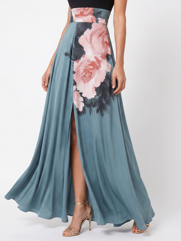 Maeve | Floral-Bodice Halter Fall Maxi Dress