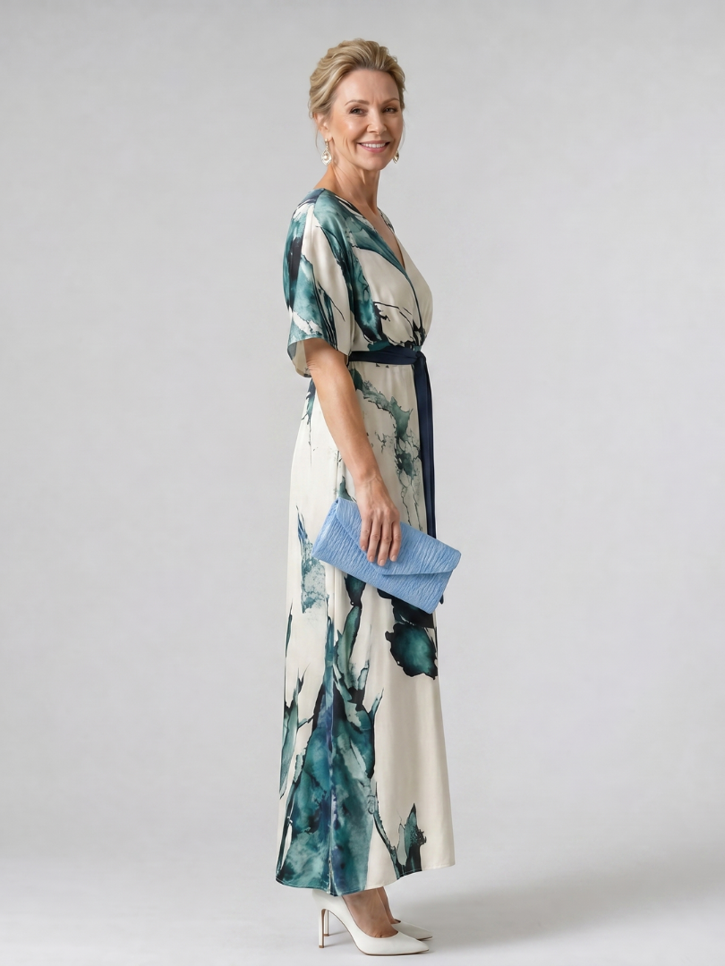 Florence | Abito lungo autunnale con cintura, motivo astratto e maniche a volant