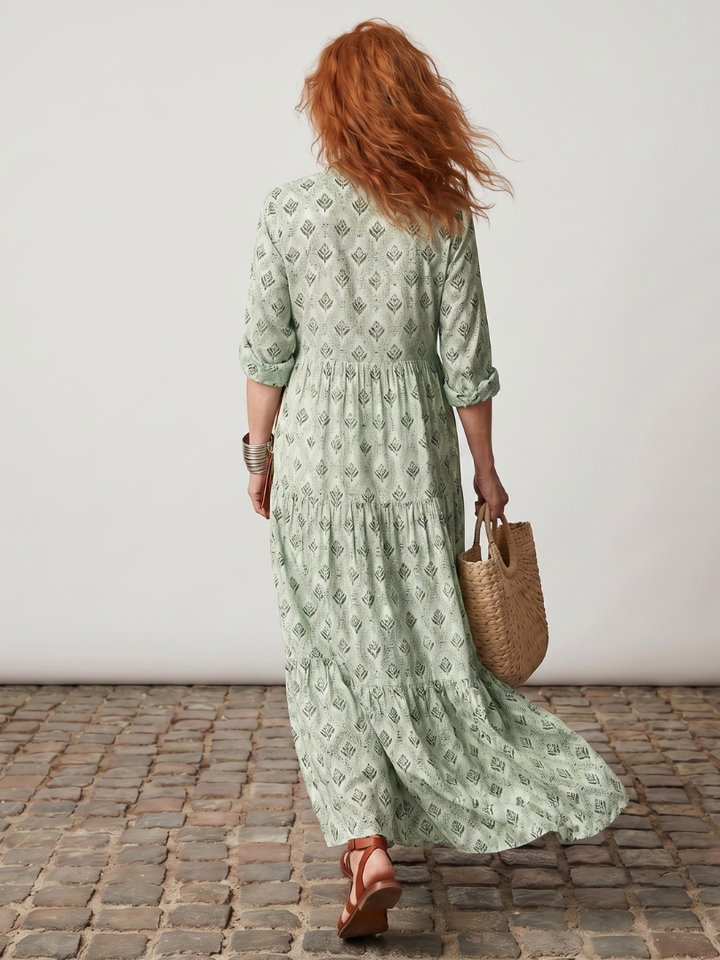 Camilla | Langarm-Maxikleid für den Herbst mit Print und Schlitz-Ausschnitt
