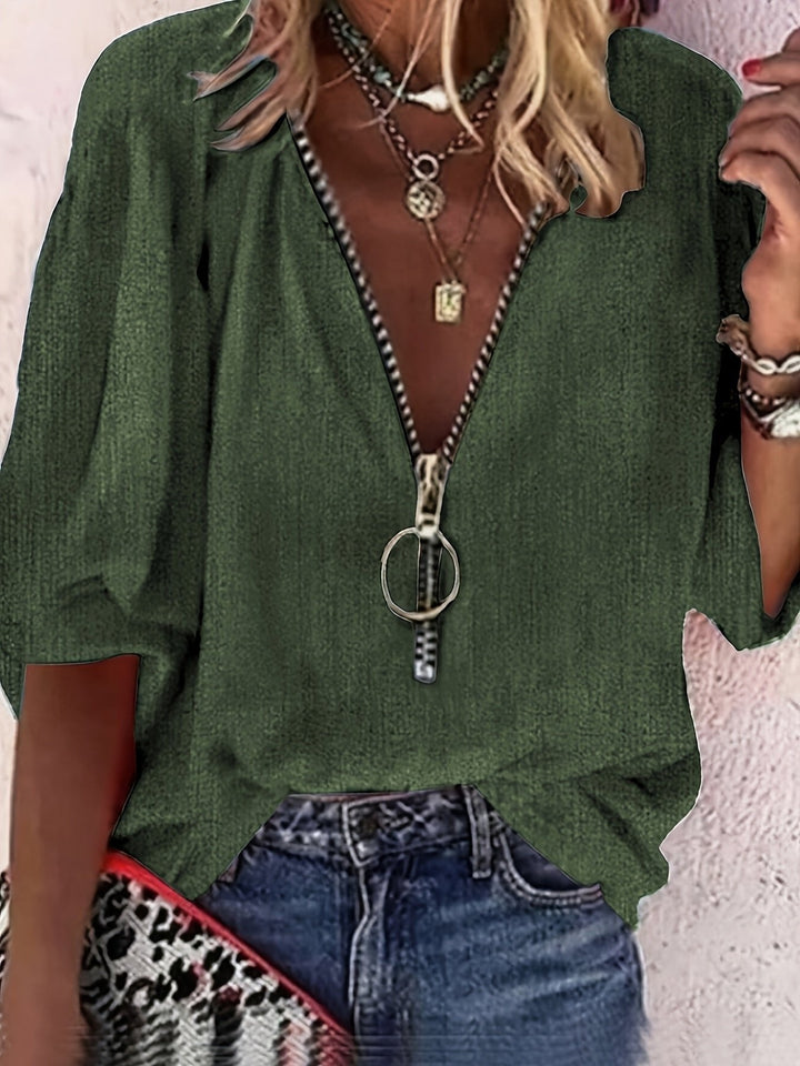 Claudia | Zip-Front V-Neck Blouse – Effortless Everyday Style for Women