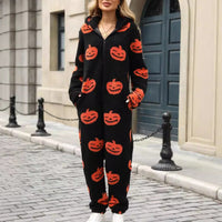 Piper | Halloween-Overall aus Fleece mit Kapuze und Kürbismotiv