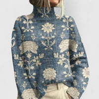 Sarah | Elegant Floral Pattern Turtleneck Knit Sweater