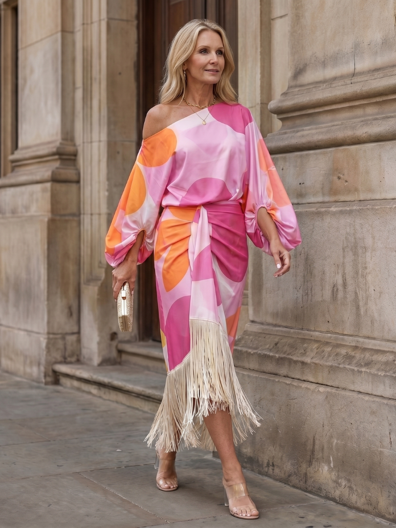 Koda | Midi Dress – Abstract Print with Fringe Hem