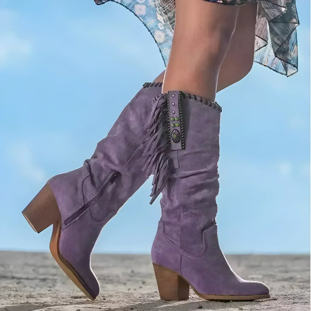 Martha | Kniehohe Fransenstiefel aus Veloursleder
