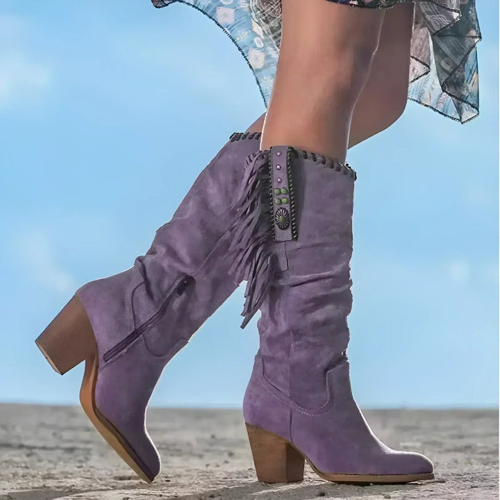 Martha | Kniehohe Fransenstiefel aus Veloursleder