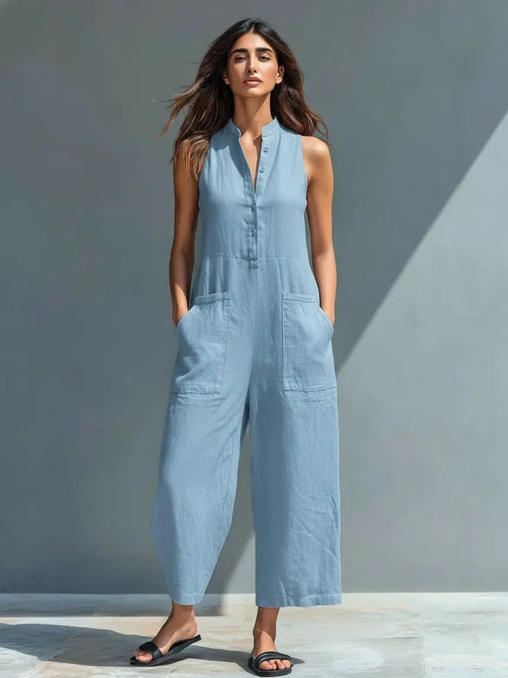 Alara | Linen Button-Up Jumpsuit – Elegant Sleeveless Style for Women