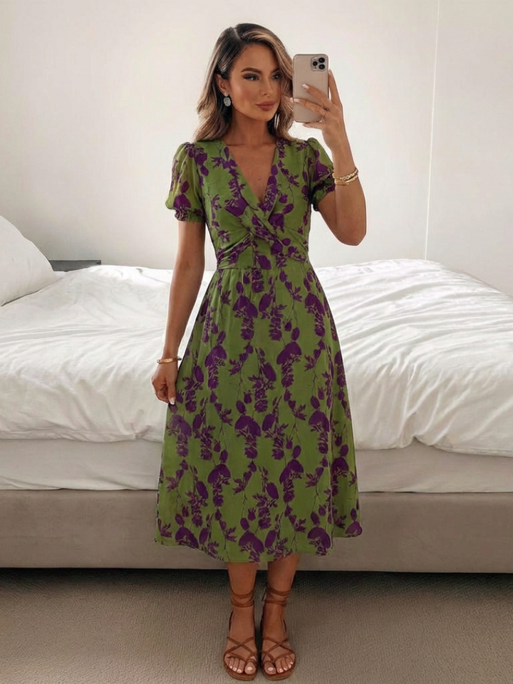 Clara | Midi Dress – Short Sleeve Floral V Neck Style