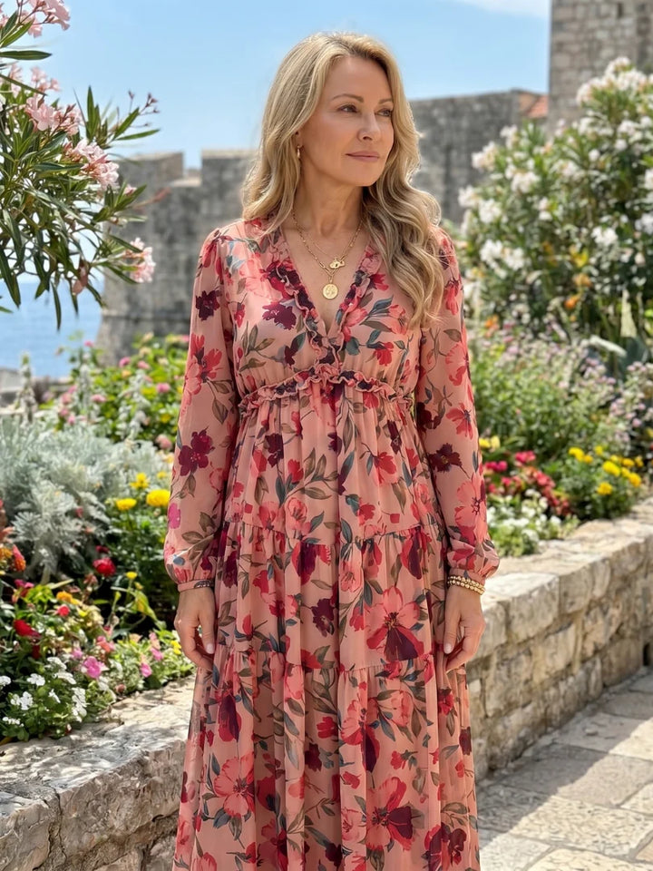 Isadora | Langarm-Maxikleid für den Herbst mit Blumenmuster und Volants