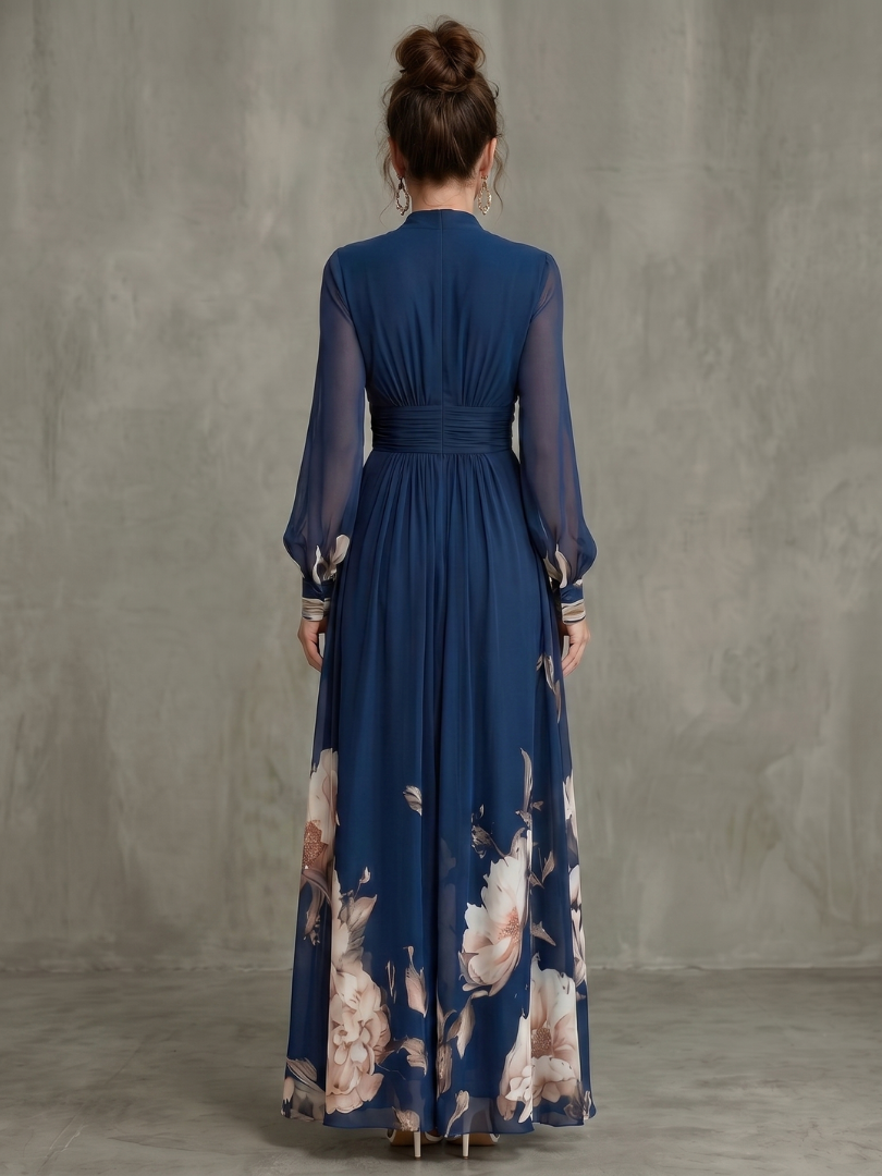 Zaria | Pleated Fall Maxi Dress with Sheer Sleeves