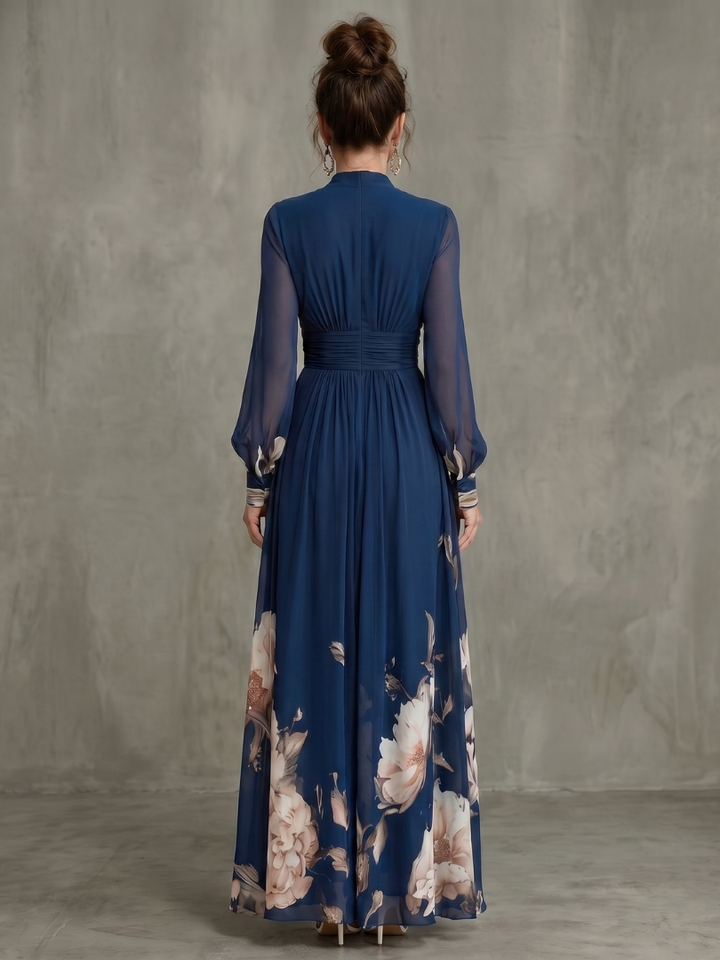 Zaria | Pleated Fall Maxi Dress with Sheer Sleeves
