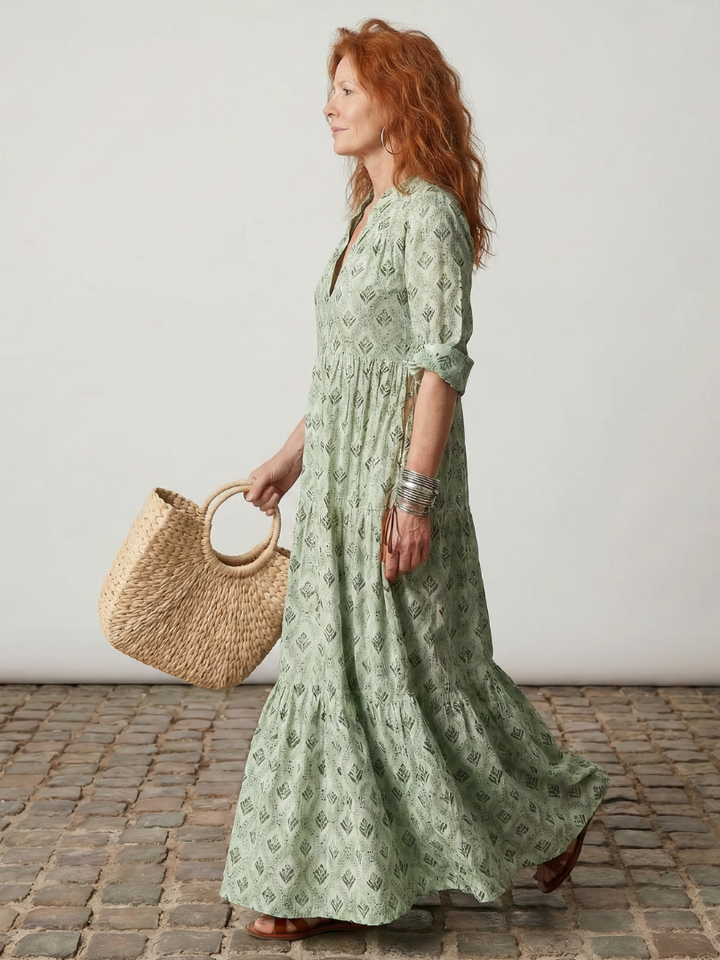 Camilla | Langarm-Maxikleid für den Herbst mit Print und Schlitz-Ausschnitt