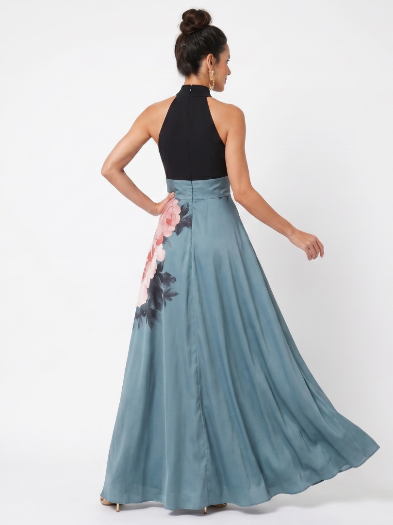 Maeve | Floral-Bodice Halter Fall Maxi Dress