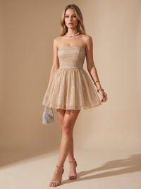 Sabine | Elegante abito corto da festa senza spalline, con bustier e glitter