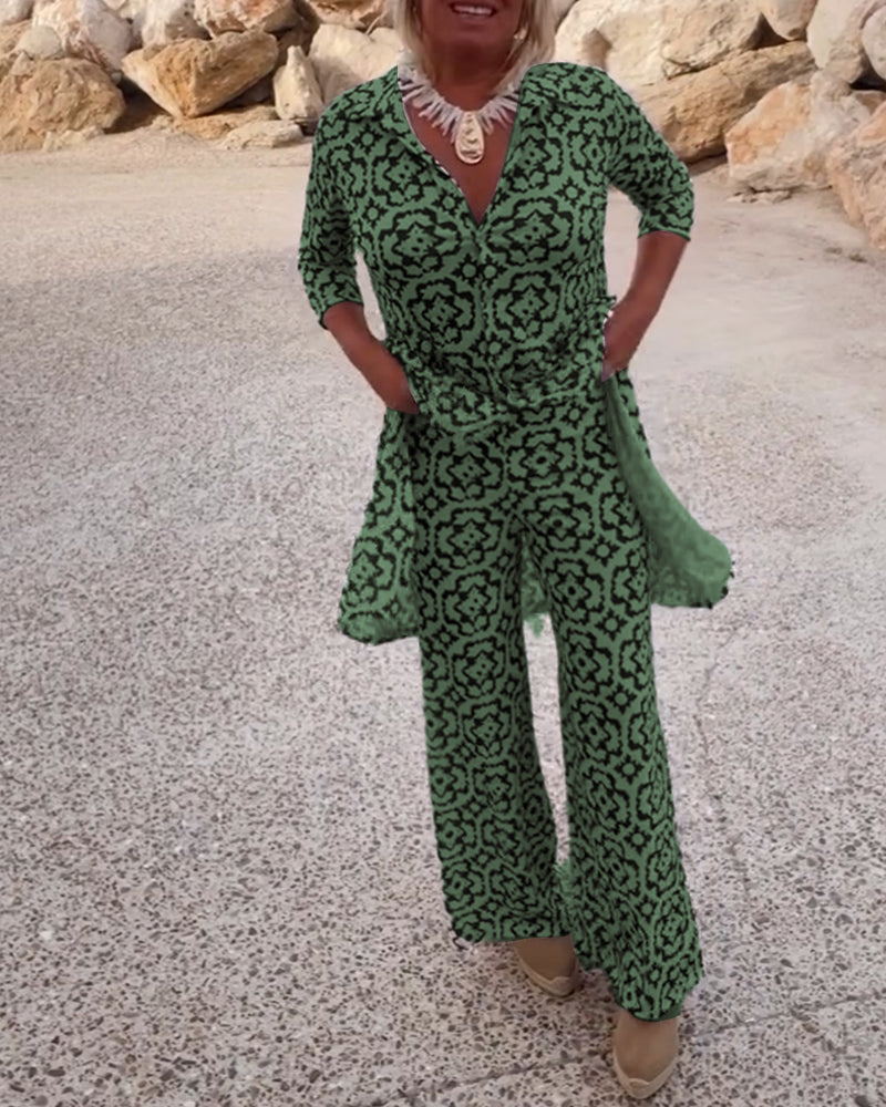 Olivia | Printed V-Neck Tunic Top And Wide Leg Trousers Set