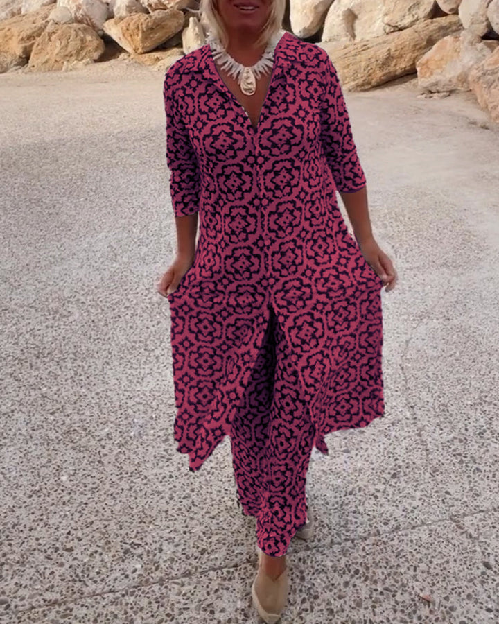 Olivia | Printed V-Neck Tunic Top And Wide Leg Trousers Set