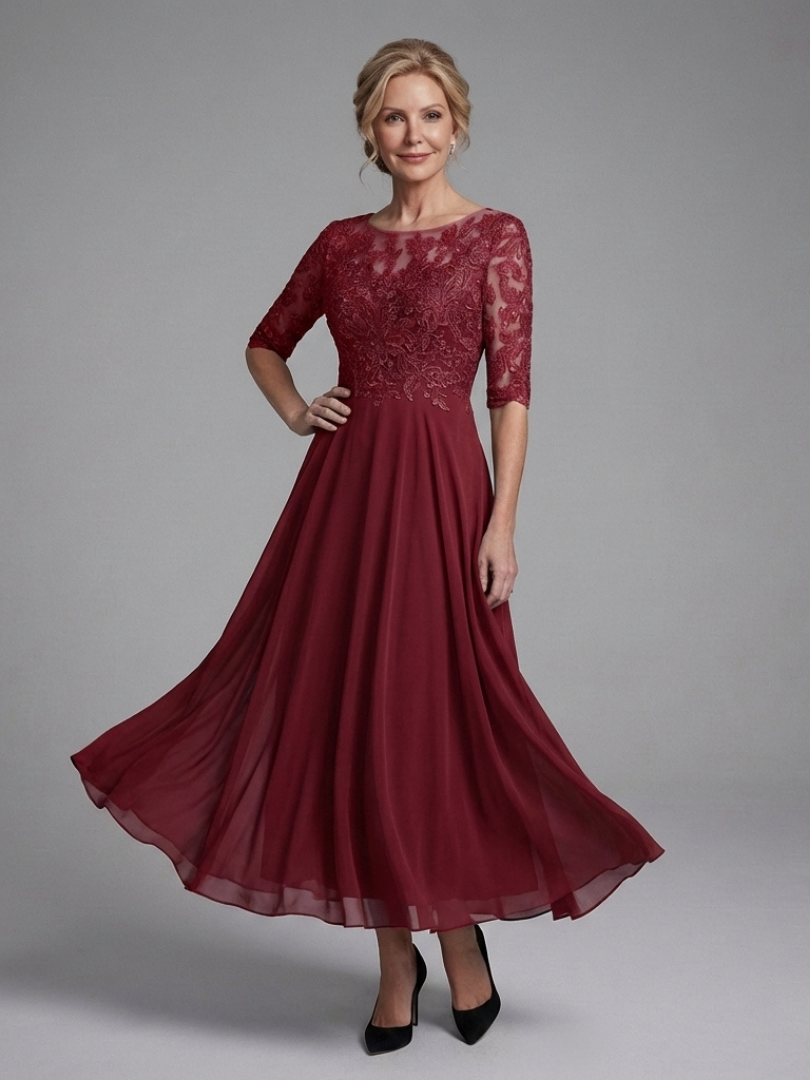 Olivine | Lace Midi Dress – Sheer Sleeves for Women