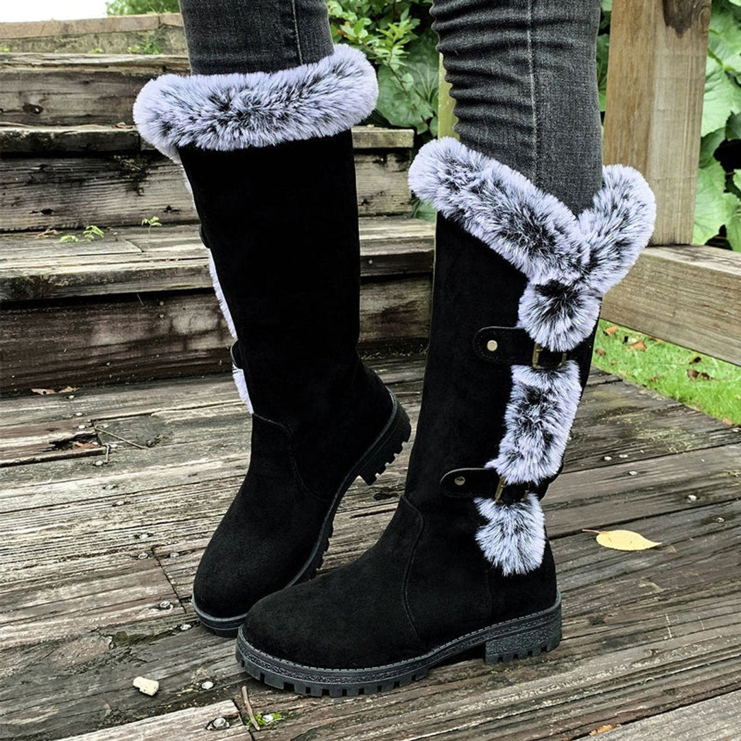 Fiona | Plush Fur-Trimmed Buckle Knee High Boots