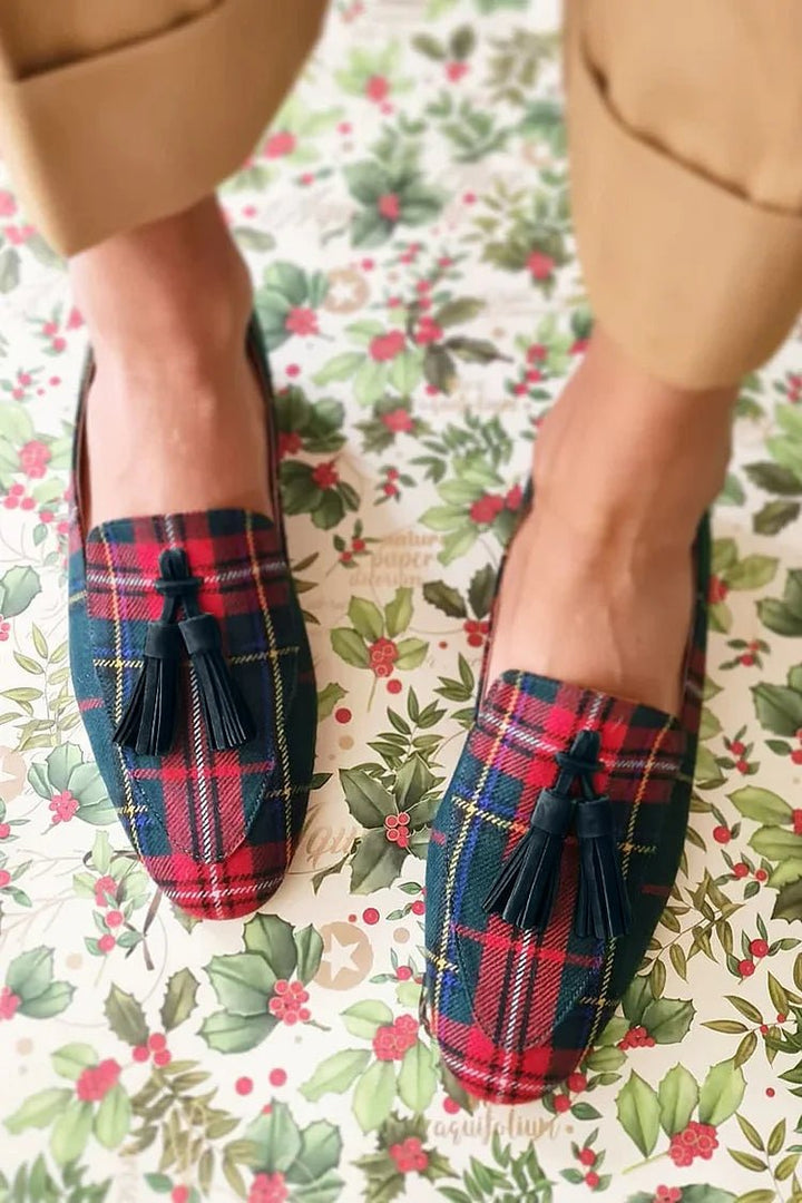 Addison | Tartan Loafers with Black Fringe for Women