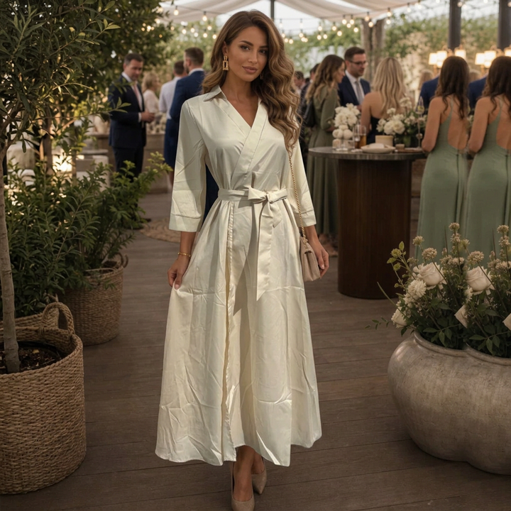 Eleq | Midi Dress – Short Sleeve Collared Style with Wrap Waist