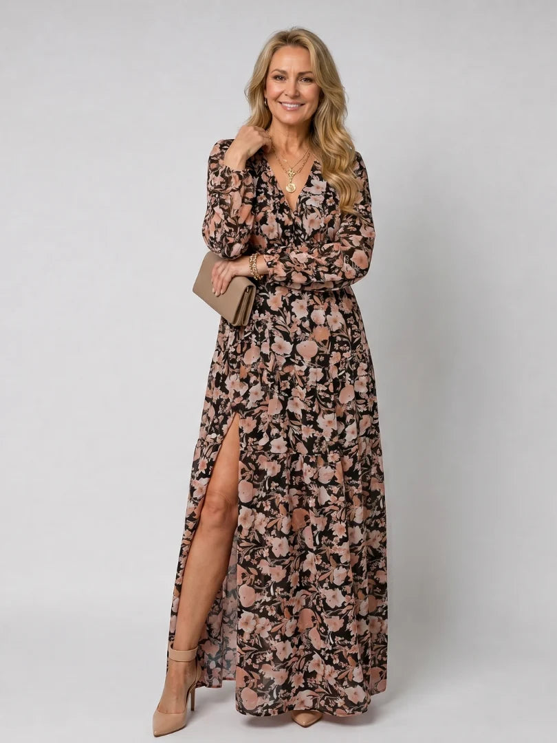 Isadora | Langarm-Maxikleid für den Herbst mit Blumenmuster und Volants