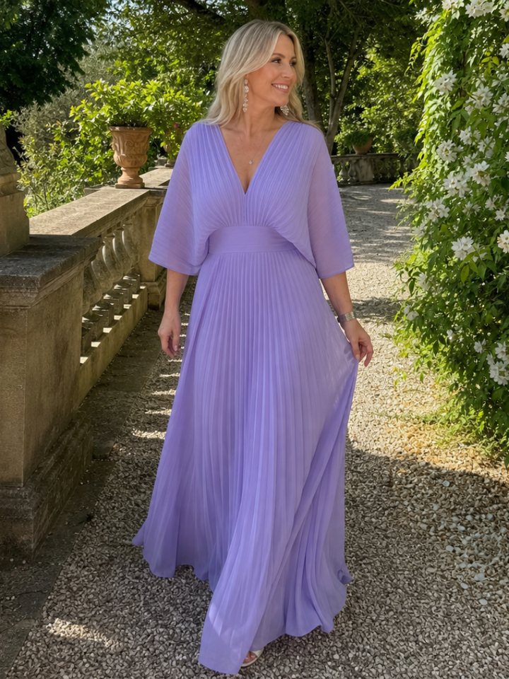 Nadia | V-Neck Long-Sleeve Pleated Fall Maxi Dress