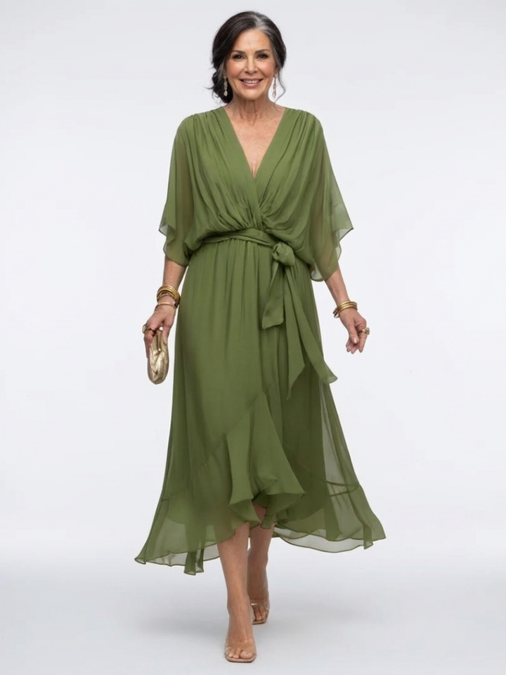 Elysia | Midi Dress – Elegant V Neck with Waist Tie