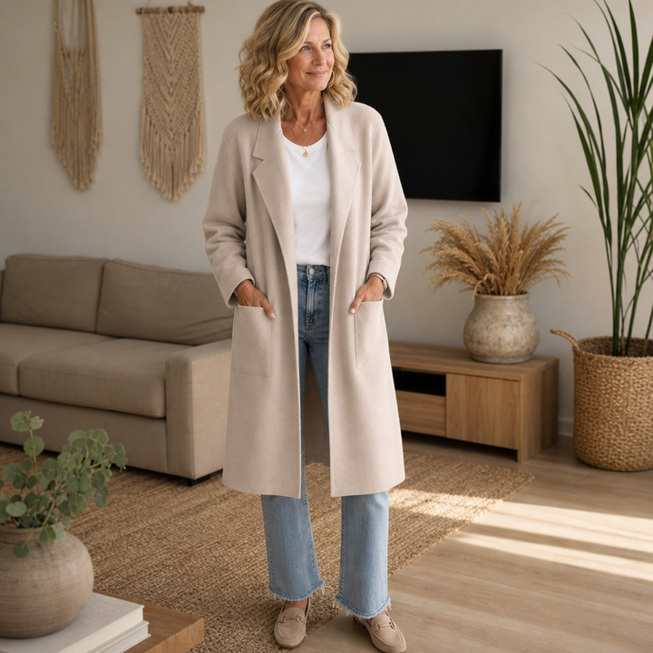 Draperie | Longline Open-Front Coat – Wool-Blend Style for Women
