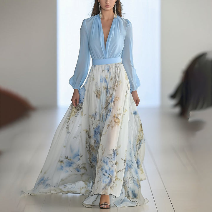Jennifer | Stilvolles florales Chiffon-Maxikleid mit langen Ärmeln
