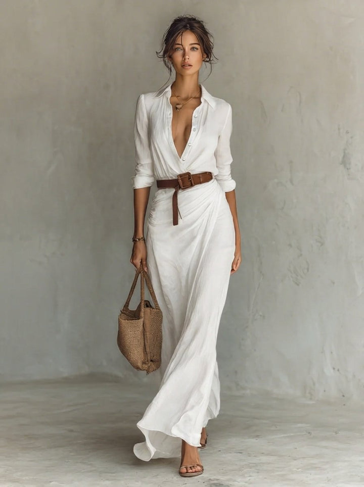 Erin | Elegantes langärmeliges Maxikleid im Hemdblusenstil mit Gürtel