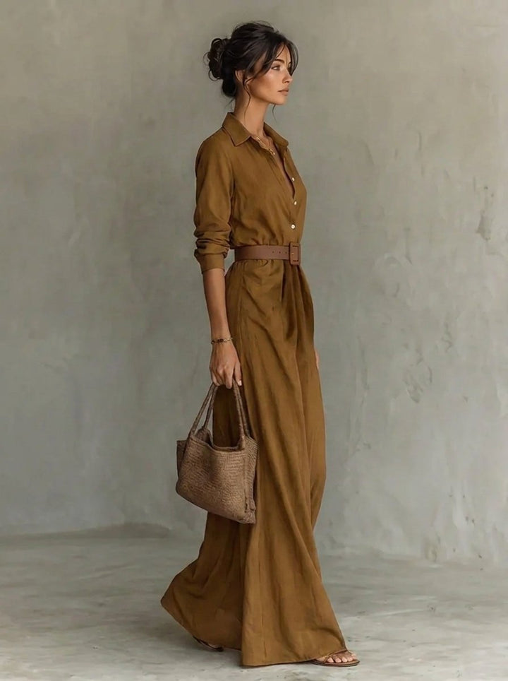 Erin | Elegantes langärmeliges Maxikleid im Hemdblusenstil mit Gürtel