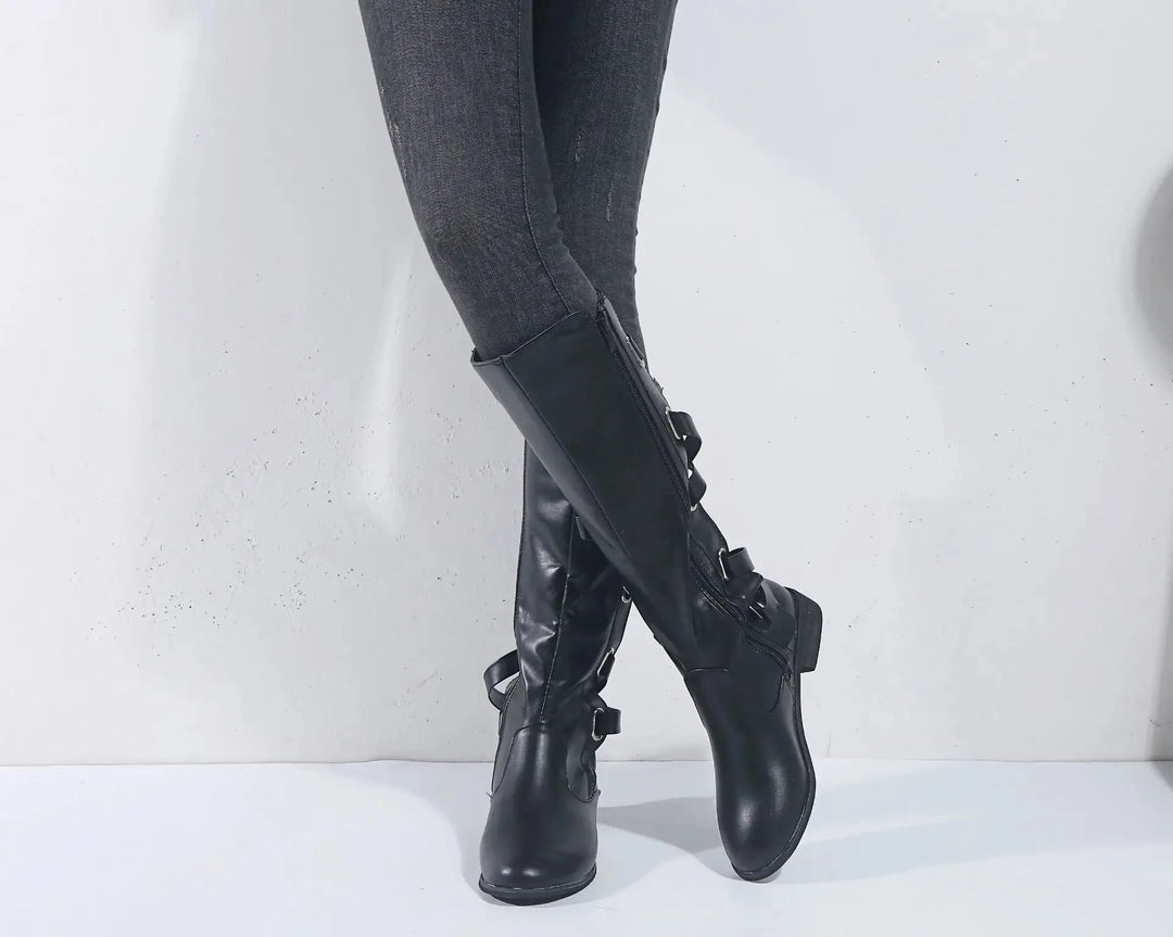 Adriana | Trendy Back Buckle Equestrian Knee High Boots