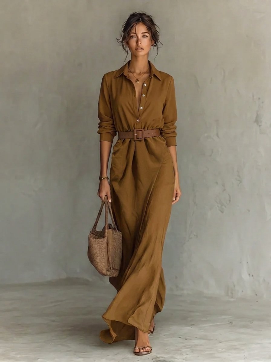 Erin | Elegantes langärmeliges Maxikleid im Hemdblusenstil mit Gürtel