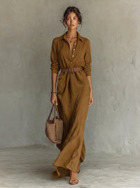 Erin | Elegantes langärmeliges Maxikleid im Hemdblusenstil mit Gürtel
