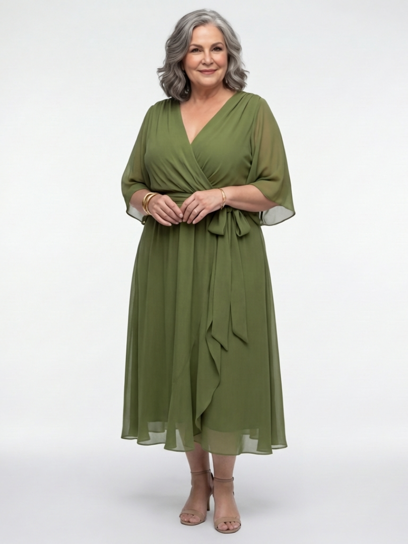 Elysia | Midi Dress – Elegant V Neck with Waist Tie