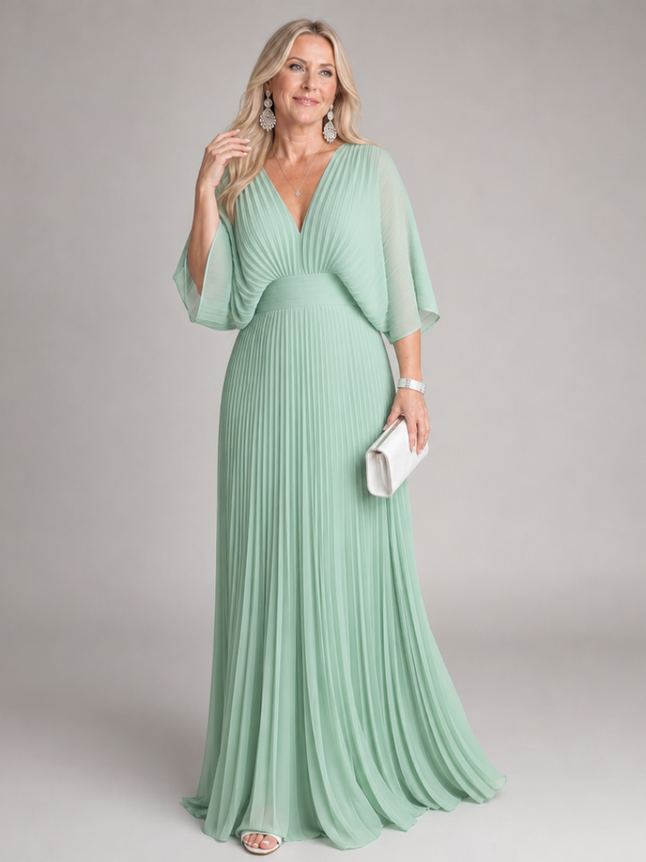 Nadia | V-Neck Long-Sleeve Pleated Fall Maxi Dress