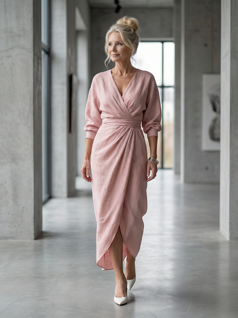 Estelle | Diagonal-Drape Long-Sleeve Fall Maxi Dress