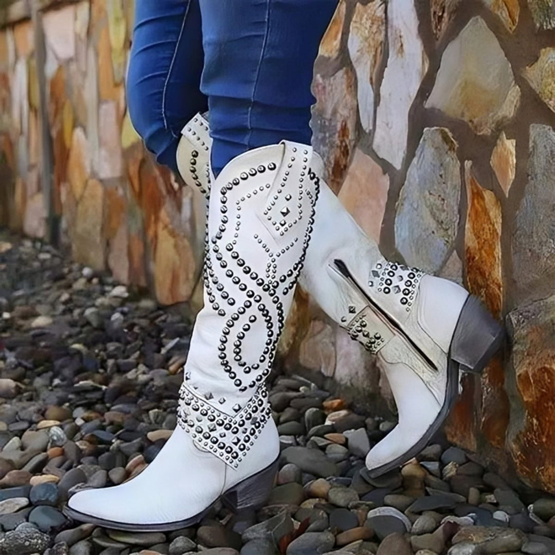 Altagracia | Rivet Studded Pointed Toe Western Knee High Boots