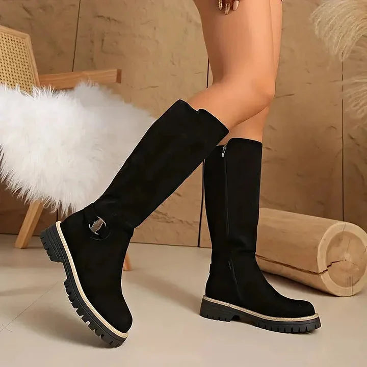 Deborah | Chic Lug Sole Buckle Accent Knee High Boots