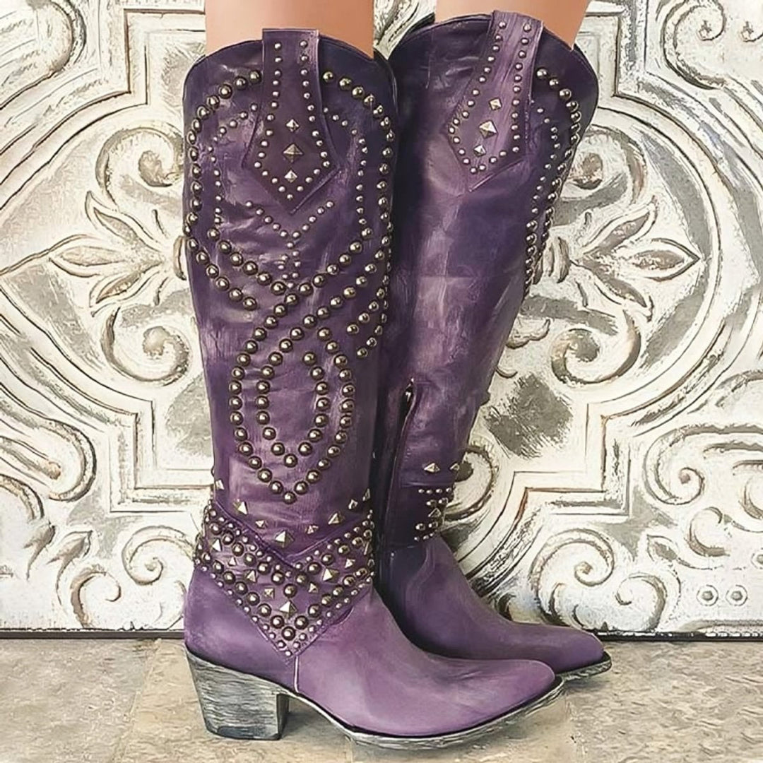 Altagracia | Rivet Studded Pointed Toe Western Knee High Boots