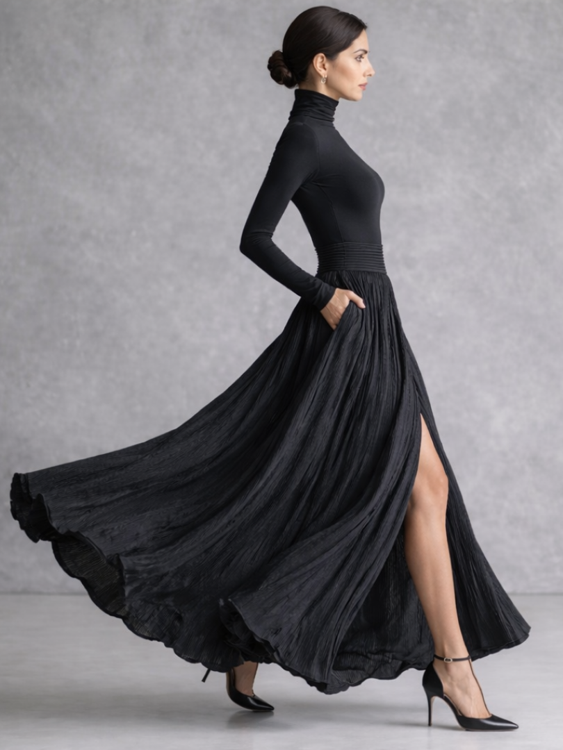 Isla | Pleated Maxi Dress – Elegant Turtleneck Style for Women