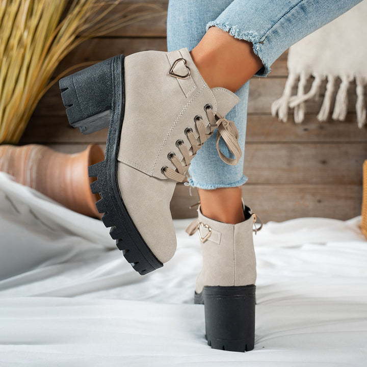 Leona | Charming Heart-Hardware Lace-Up Ankle Boots