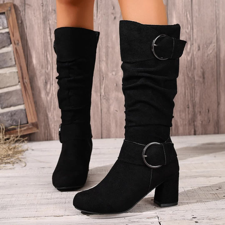Camilla | Elegante lässige kniehohe Stiefel mit Blockabsatz und doppelter Schnalle