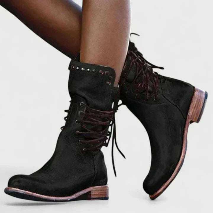 Sherlyn | Vintage Studded Lace-Up Knee High Boots