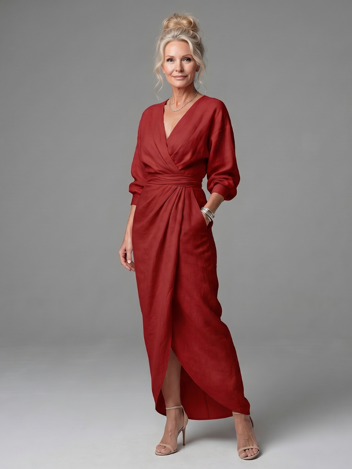 Estelle | Diagonal-Drape Long-Sleeve Fall Maxi Dress