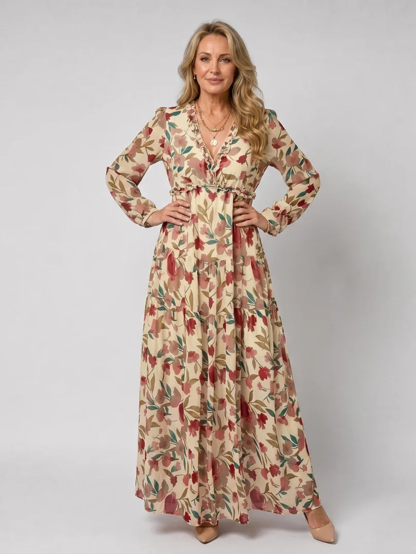 Isadora | Langarm-Maxikleid für den Herbst mit Blumenmuster und Volants