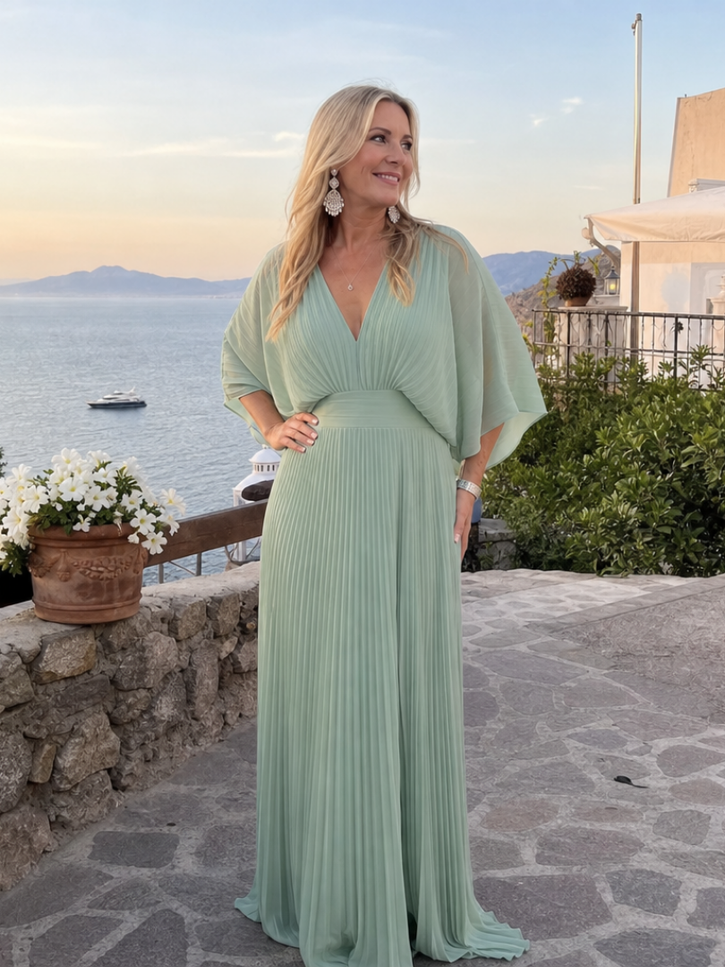 Nadia | V-Neck Long-Sleeve Pleated Fall Maxi Dress