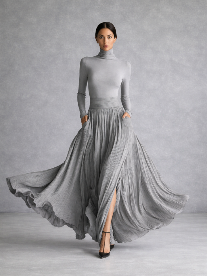 Isla | Pleated Maxi Dress – Elegant Turtleneck Style for Women