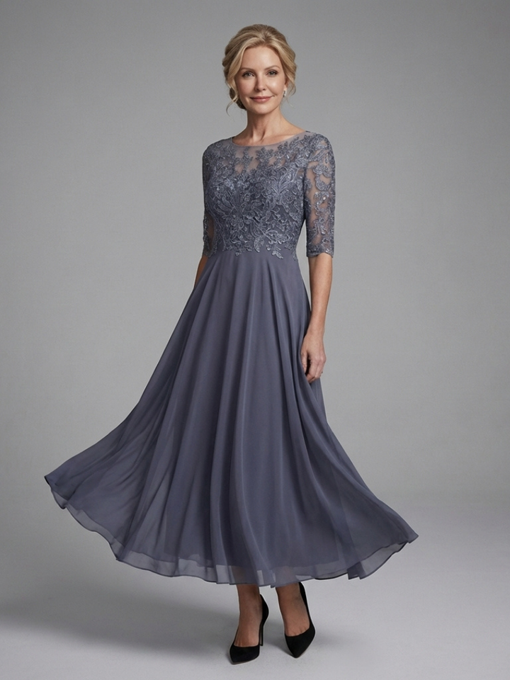 Olivine | Lace Midi Dress – Sheer Sleeves for Women