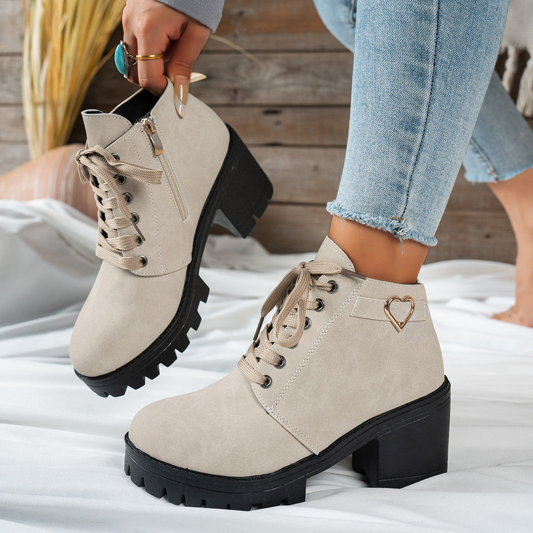Leona | Charming Heart-Hardware Lace-Up Ankle Boots