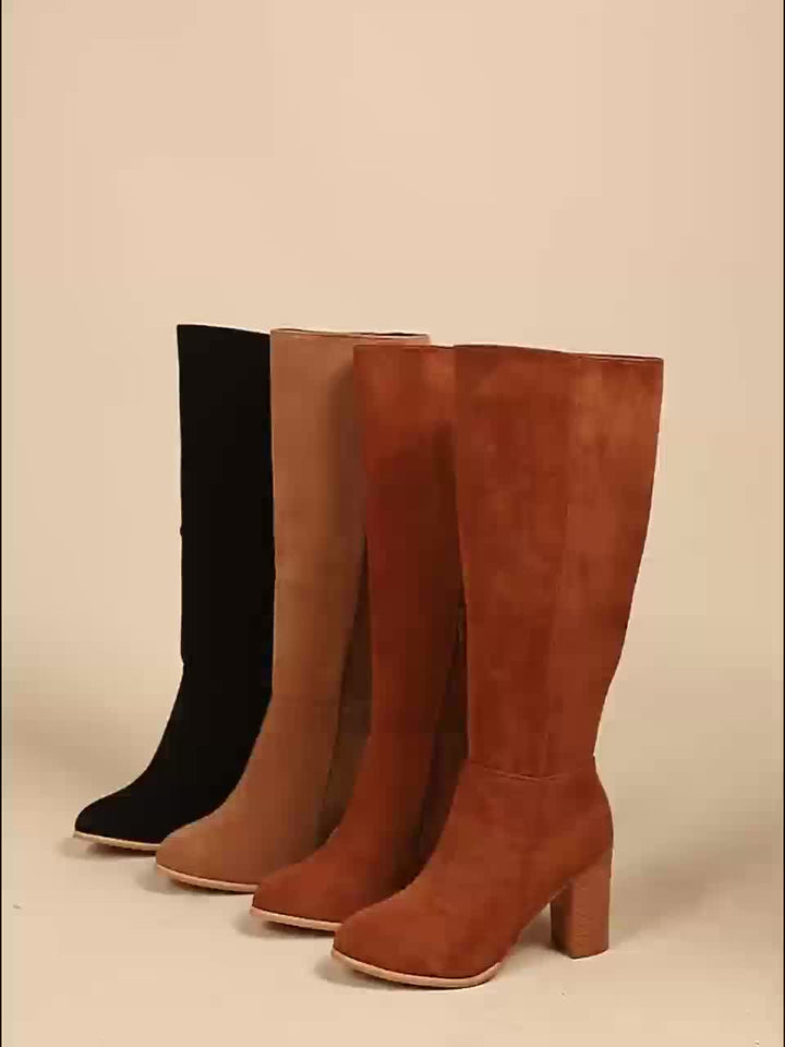 Isla | Pointed Toe Stacked Block Heel Knee High Boots